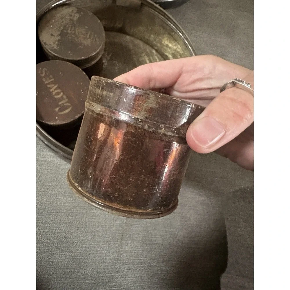 Antique Rustic Americana Spice Tin Canister Travel Set of 5 With Tin Carrier